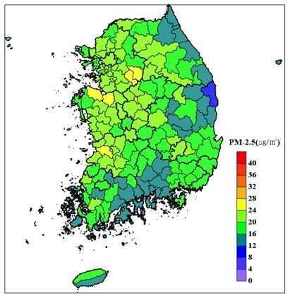 2020년 기초지자체별 초미세먼지 연평균 농도 상황. (출처=환경부)